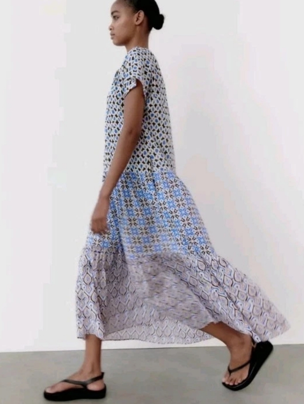 Zara Bohemian Tiered Maxi Patchwork Midi Maxi Dress in Blue Ditsy Floral Size M